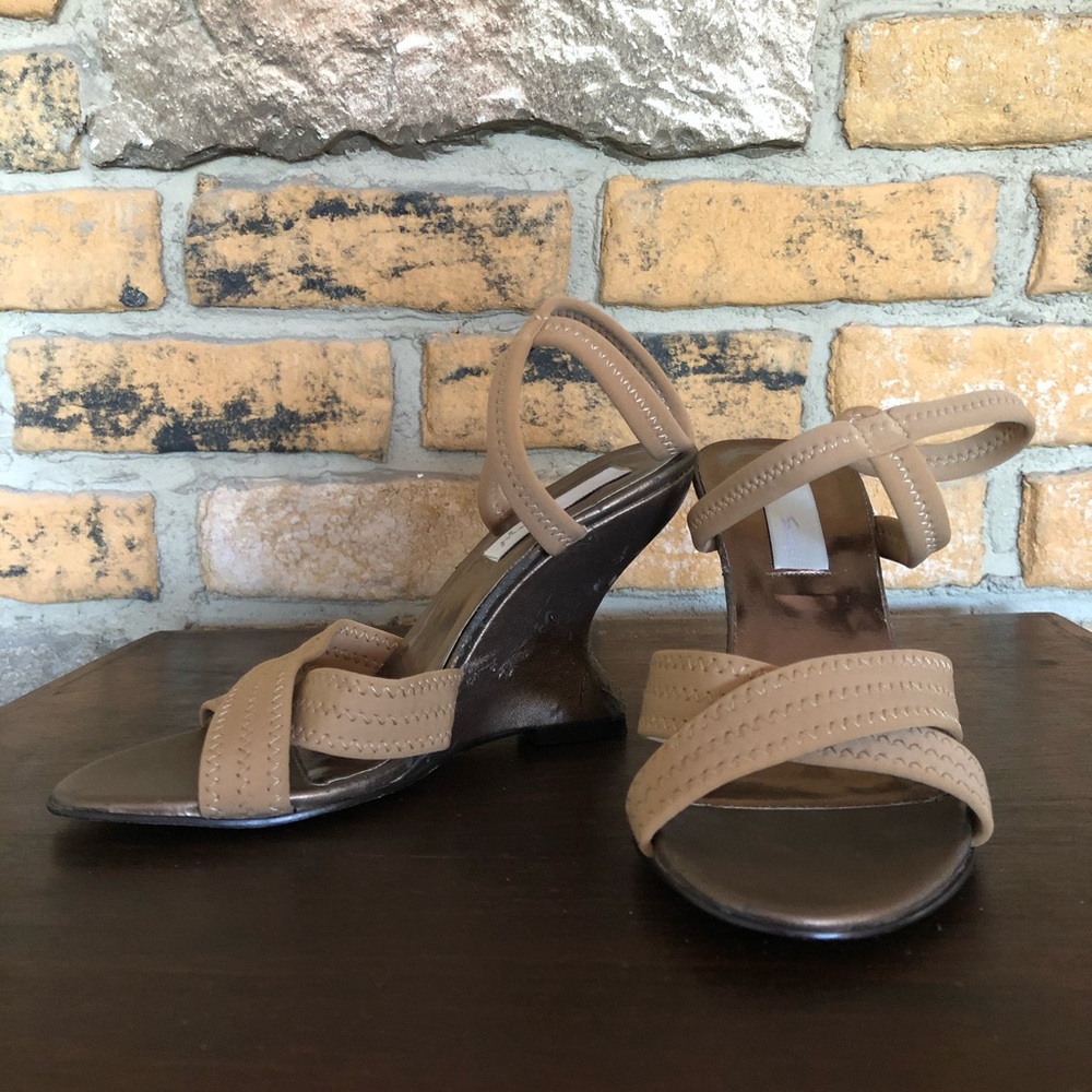 Tan and metallic Spiegel wedge heels